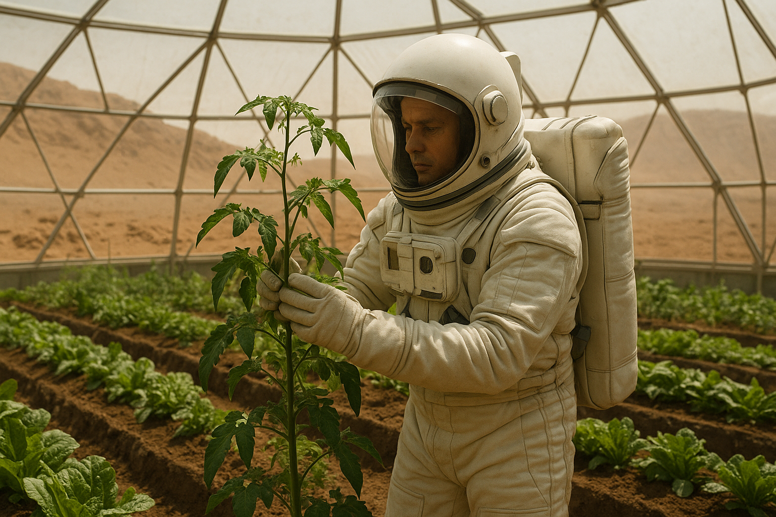 화성 온실에서 식물을 재배하는 모습