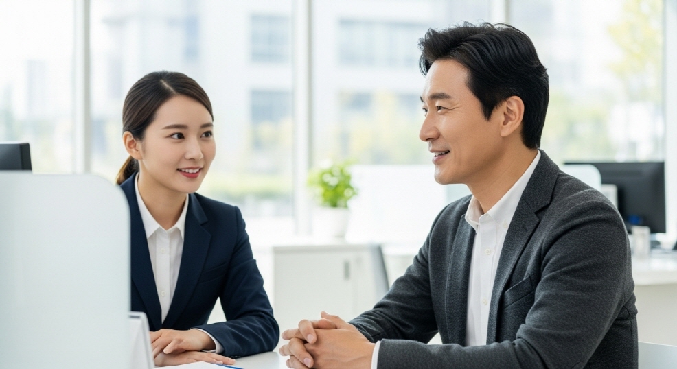 은행 창구에서 상담 받는 중년 남성