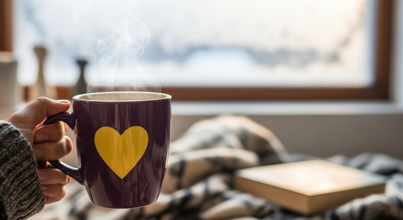 차가운 아침, 따뜻한 보라색 머그잔을 들고 있는 손. 머그잔에는 노란색 하트가 그려져 있고, 창밖으로는 서리 낀 풍경이 보인다. 포근하고 따뜻한 아침을 표현한 이미지.