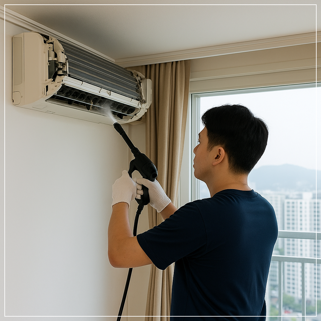 전남 광양의 고층 아파트 거실에서 벽걸이형 에어컨을 분해하여 송풍팬과 열교환기를 고압세척 중인 한국인 전문가의 모습입니다. 공업단지 인근 지역 특성상 먼지, 곰팡이, 부식을 예방하기 위한 정기 클리닝이에요.