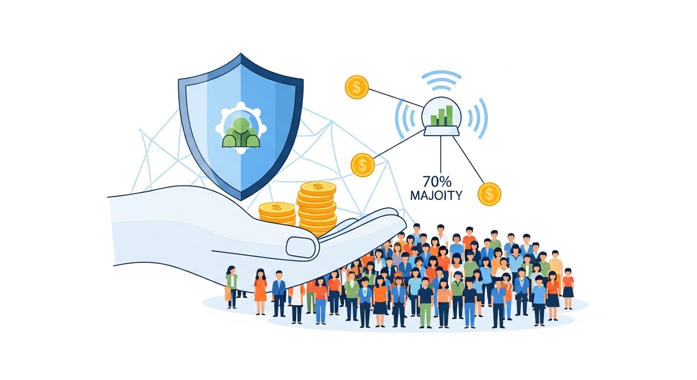 70%라고 써져있고 손위에 돈과 여러 사람들의 모습으로 된 삽화