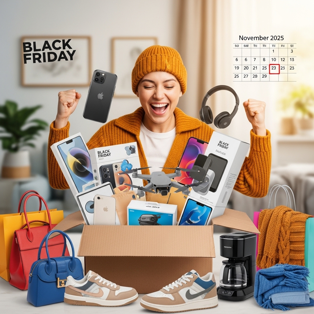 2025년 블랙프라이데이 해외직구로 다양한 상품을 성공적으로 구매하고 기뻐하는 사람의 모습