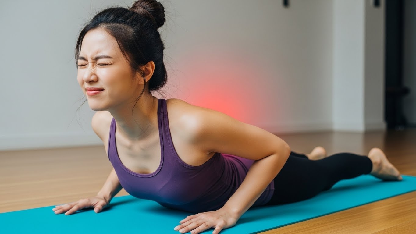 허리를 뒤로 과도하게 젖히는 코브라 자세를 취하다가 통증을 느끼는 협착증 환자의 모습