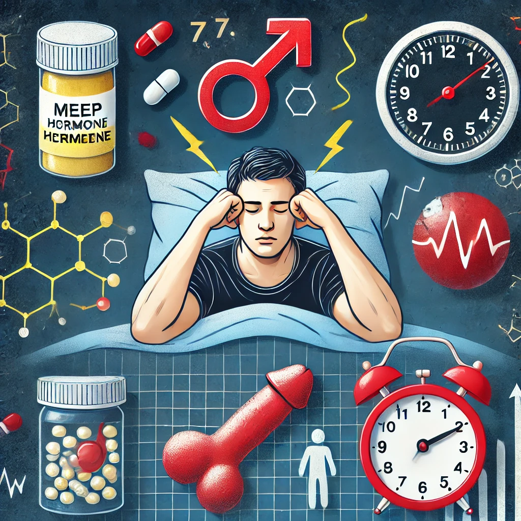 "수면 부족으로 피곤한 남성과 깨진 호르몬 아이콘 - 정력 감소 경고"