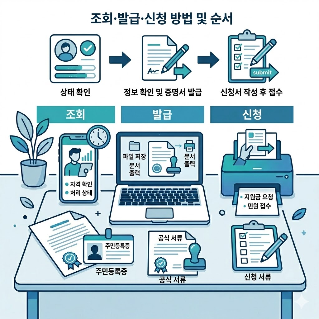 조회 발급 신청 순서를 단계별로 정리한 이미지