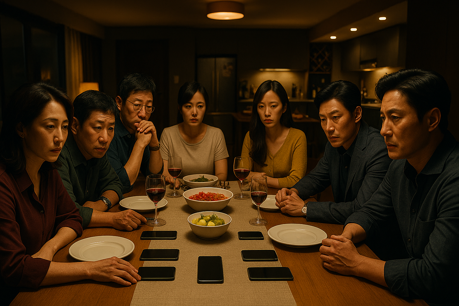 조명이 은은한 현대적 식당에서 일곱 명의 성인 남녀가 저녁 식사를 위해 식탁에 앉아 있다. 테이블 위에는 스마트폰이 모두 화면을 위로 향한 채 놓여 있으며, 각 인물은 진지하거나 긴장된 표정을 짓고 있다. 배경에는 오픈 키친과 거실 공간이 보이며, 분위기는 따뜻하지만 묘한 긴장감이 감돈다.