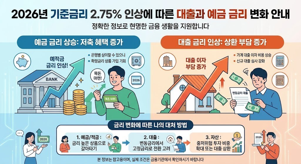 2026년 기준금리 2.75% 인상에 따른 대출과 예금 금리 변화 안내 인포그래픽