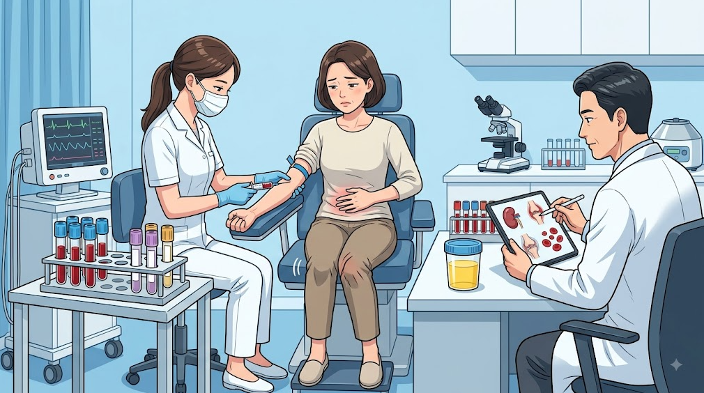 10. 채혈을 통한 응고검사 진행과 함께 복통&middot;관절통 증상을 짚어보고 소변 검체 컵 및 혈액 튜브를 확인하는 종합 검사 장면