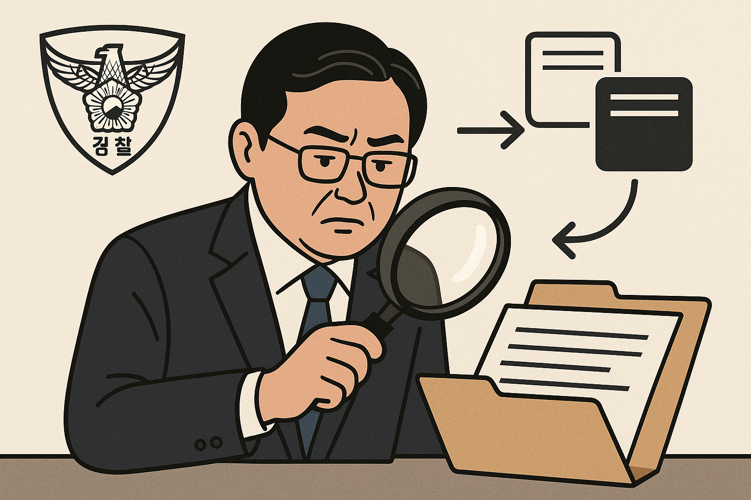 경찰의 이춘석 의원실 2차 압수수색과 자금 출처 확인 이슈를 상징하는 인물, 확대경, 계좌 흐름 화살표와 서류 폴더가 배치된 일러스트 썸네일 이미지