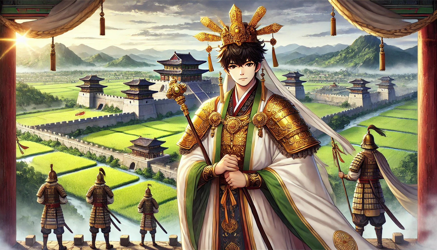 백제 다루왕의 위엄과 업적을 담은 애니. 농업 장려와 영토 확장의 상징적인 모습이 표현