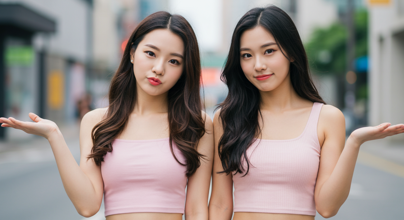 어깨를 으쓱해보이는 두 여자