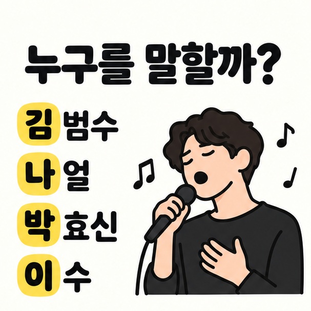김범수, 나얼, 박효신, 이수 네 이름의 첫 글자를 김나박이로 연결해 보여주는 카드