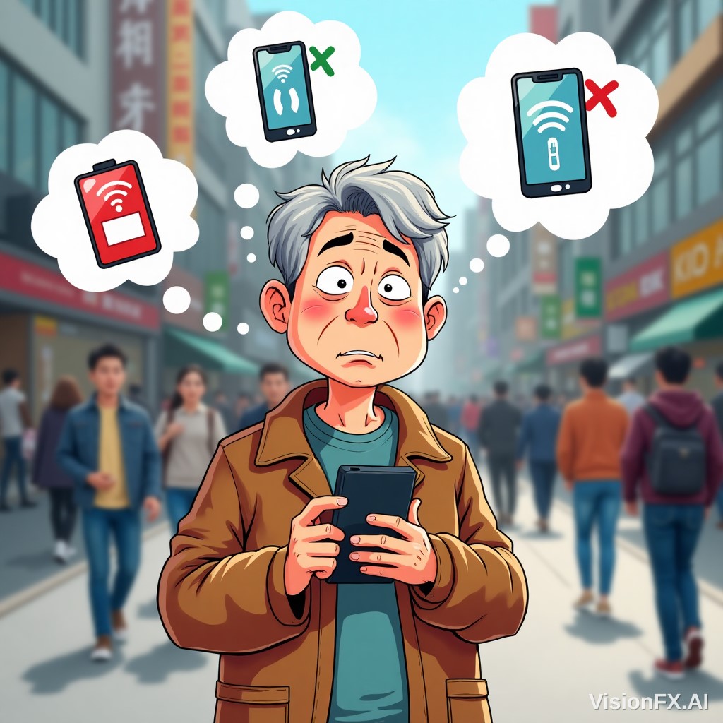 스마트폰 멈춤에 당황한 어르신 모습