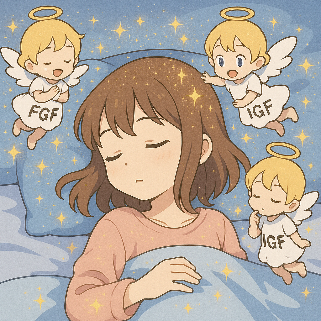 침대에서 잠든 동양인 소녀 주위에 EGF, FGF, IGF라고 적힌 옷을 입은 작은 천사들이 떠 있으며, 얼굴과 머리 위로 황금빛 반짝이를 뿌려주는 애니메이션 스타일 일러스트