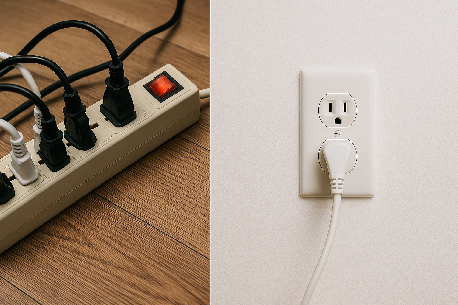 전열기기를 멀티탭에 몰아 꽂은 잘못된 예와 벽면 콘센트에 단독 연결한 올바른 예 비교