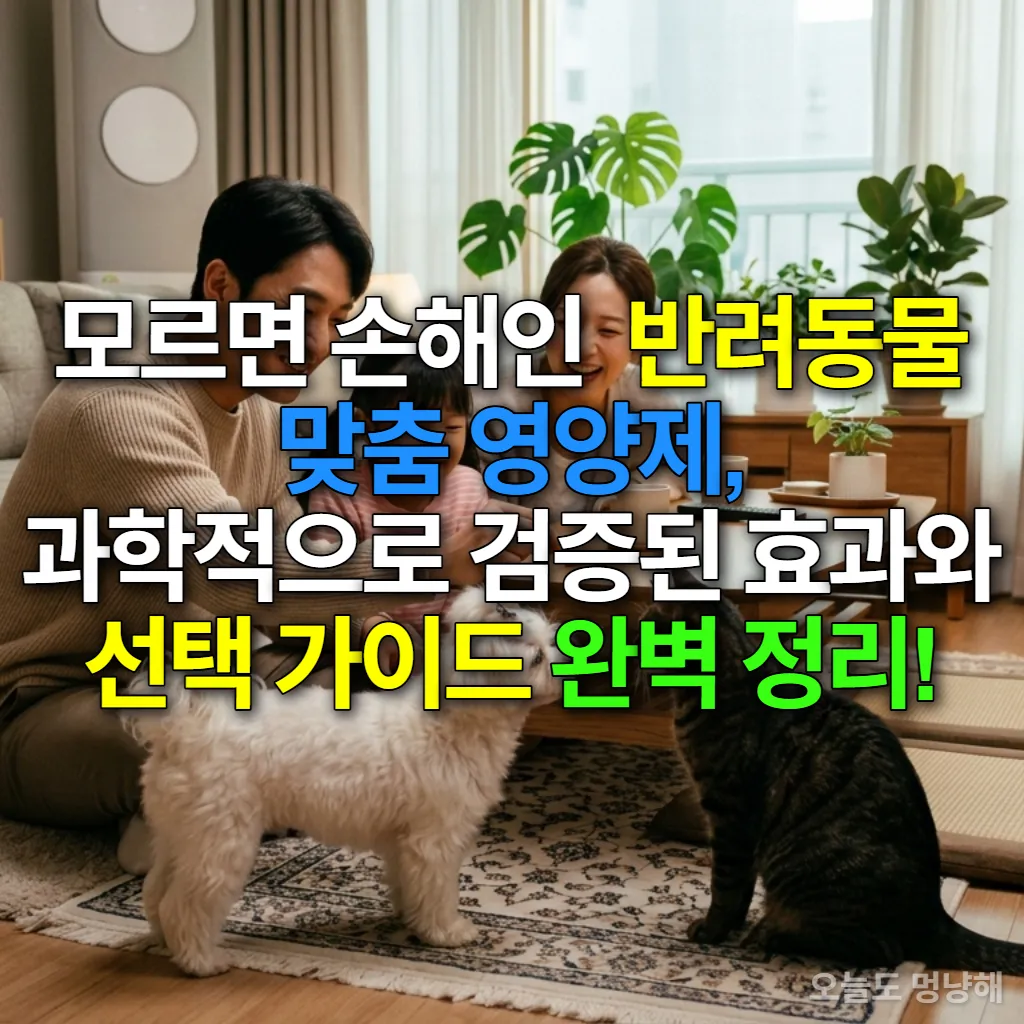 한국인 가족이 거실에서 강아지와 고양이에게 영양제를 주는 따뜻한 모습