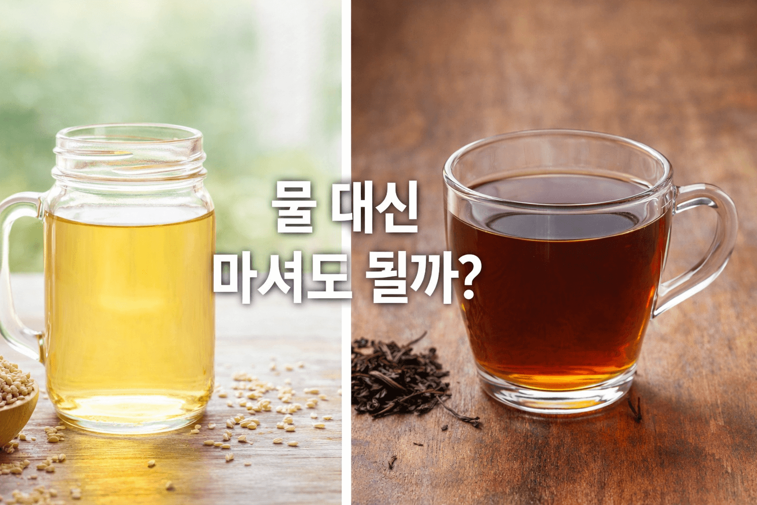 물 대신 마시는 차 구분 예시 &ndash; 보리차와 녹차를 비교한 차 사진