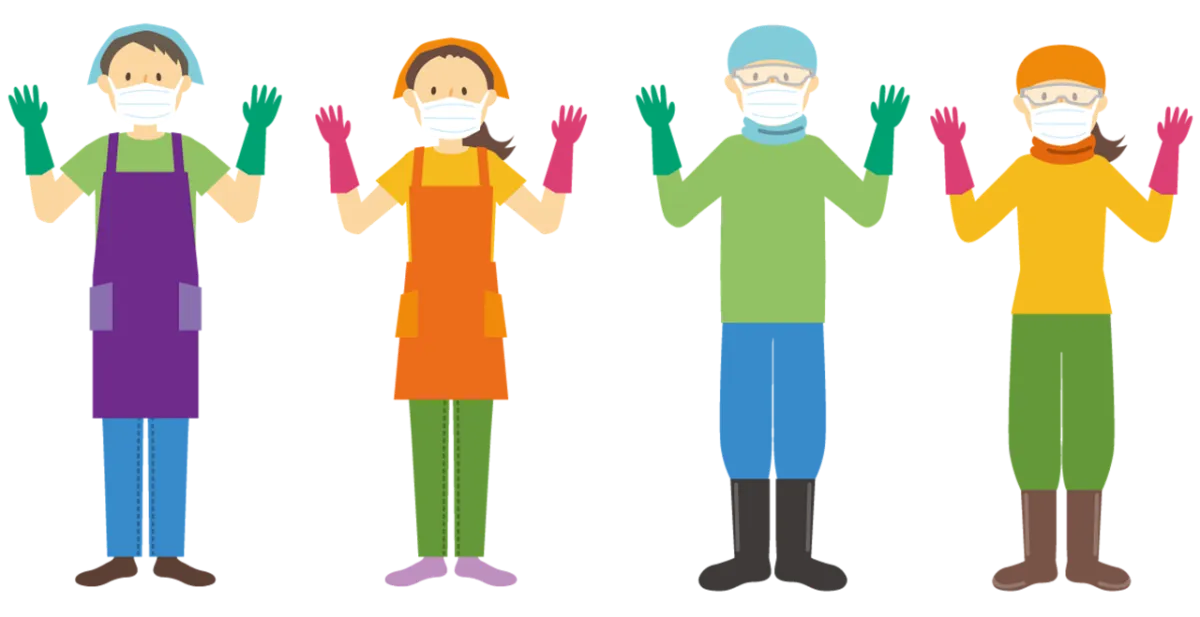 마스크와-앞치마-착용하고-우리는-청소준비-완료