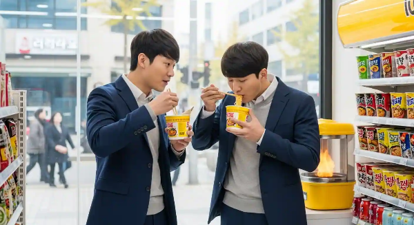 아침 출근 시간에 편의점에서 공복 상태에서 라면을 먹고 있는 남성 2명