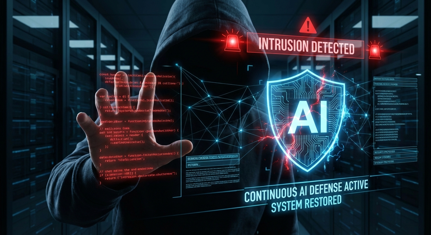 AI 보안 시스템이 완벽하지 않음을 인지하고 지속적으로 관리해야 함을 경고하는 보안 위협 시각화 이미지