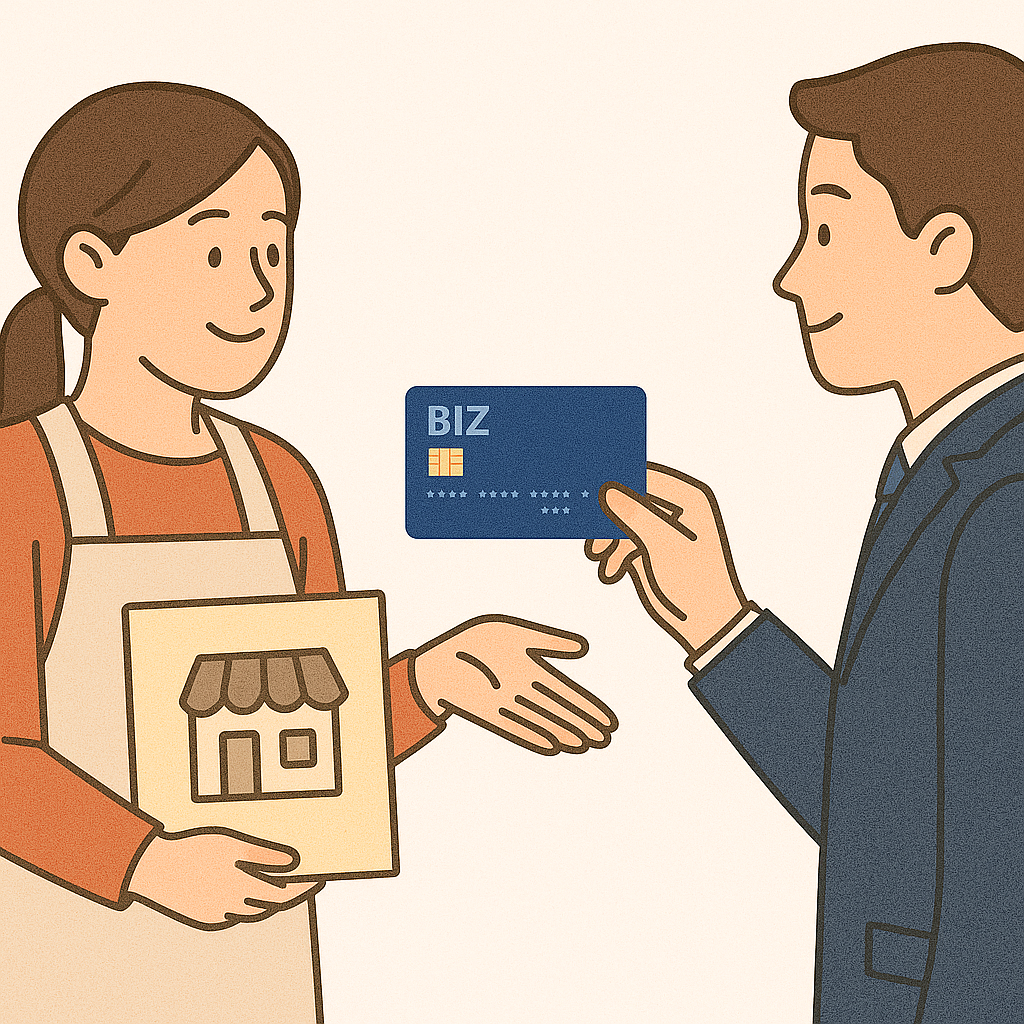 점주와 고객의 카드 거래 장면 소상공인 지원사업 일러스트