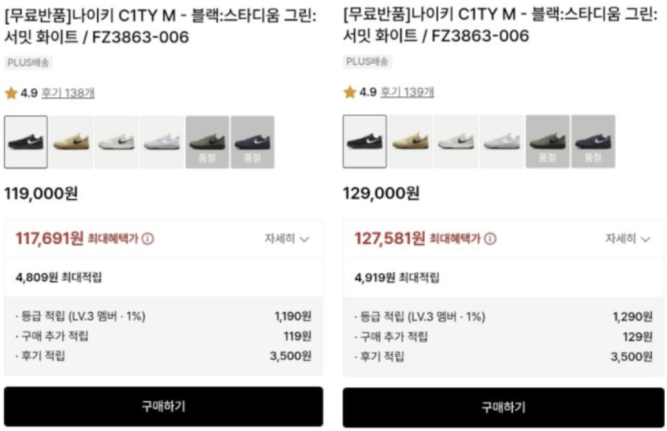 무신사에서 판매 중이던 나이키 C1TY 블랙의 가격이 최근 1만원 올랐다.