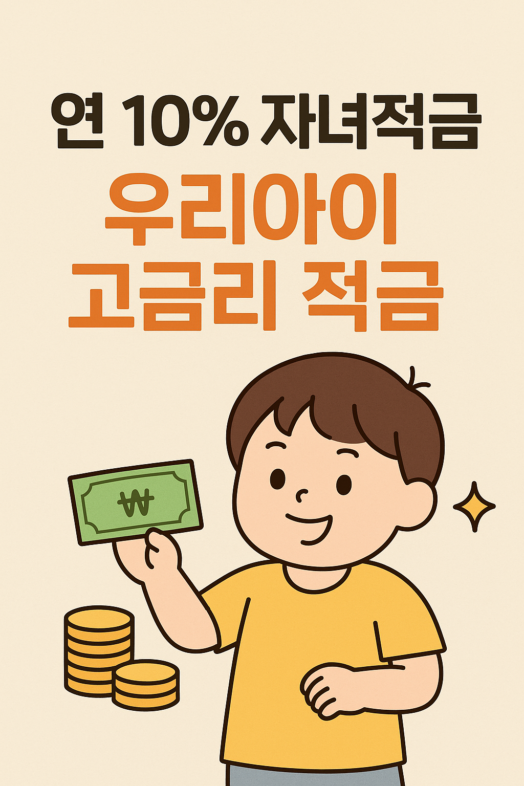 연 10% 자녀적금 출시를 소개하는 일러스트형 블로그 대표 이미지. 밝은 배경에 ‘우리아이 고금리 적금’ 문구와 돈을 들고 미소 짓는 아이 그림이 포함된 금융 정보 안내 이미지