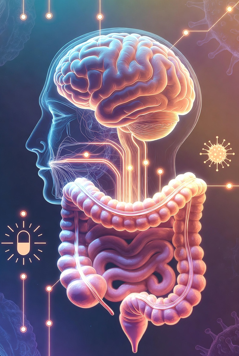 인간의 뇌와 소화기관이 신경망으로 연결되어 상호작용하는 모습을 나타낸 디지털 일러스트레이션