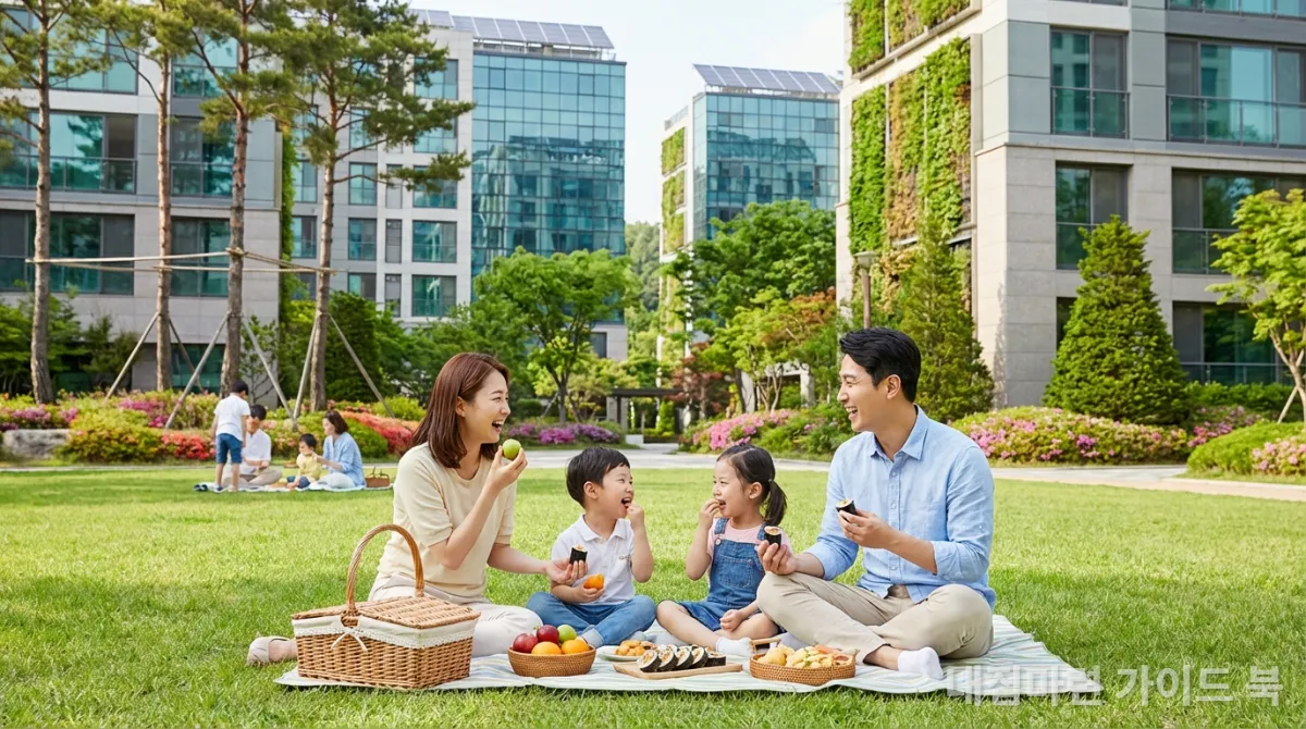 그린 프리미엄 아파트 단지 내 공원에서 피크닉을 즐기는 한국인 가족. 주변에는 잘 가꾸어진 녹지 공간과 현대적인 아파트 건물들이 보인다.