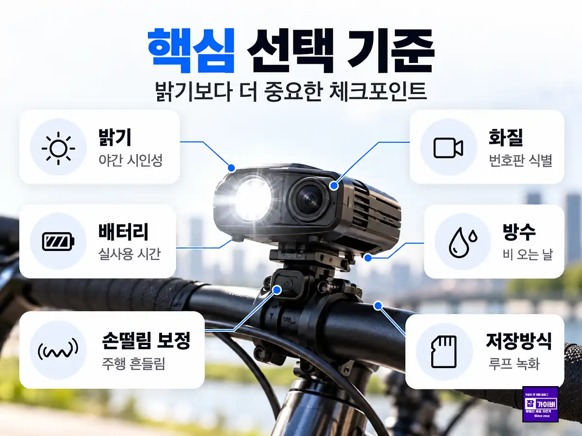 자전거 전조등 카메라 블랙박스 밝기 화질 배터리 무게 마운트 앱 선택 기준