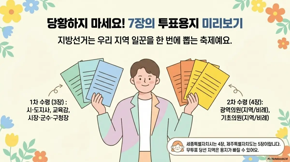 지방선거 투표 시간:지방선거 투표용지 최대 7장의 분할 교부 방식을 보여주는 일러스트. 1차 수령 3장은 시·도지사와 교육감과 시장·군수·구청장이고 2차 수령 4장은 광역의원 지역구와 비례 그리고 기초의원 지역구와 비례이며 세종특별자치시는 4장이고 제주특별자치도는 5장이라는 안내가 포함되어 있다