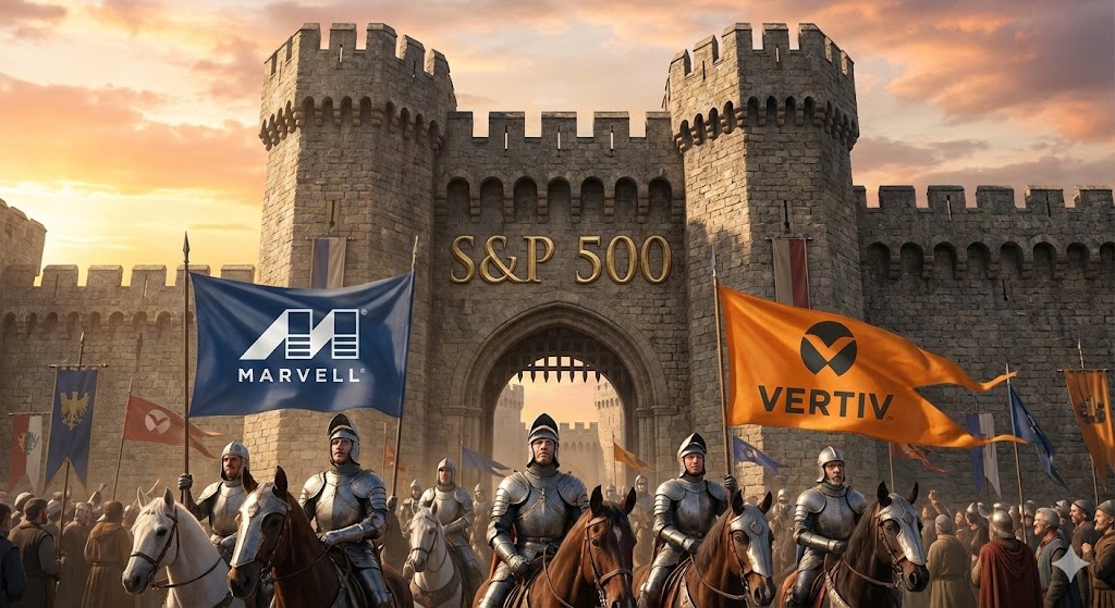 S&amp;P 500이라는 거대한 성문 앞에서 입장을 대기하고 있는 '마벨'과 '버티브' 로고가 새겨진 깃발들