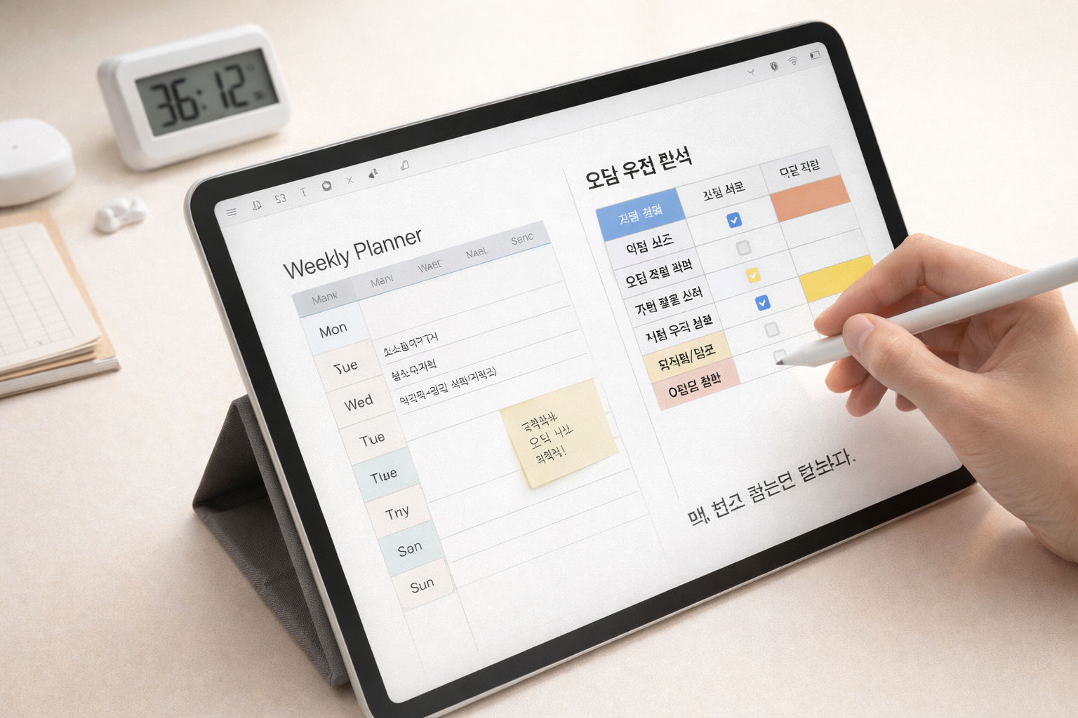 태블릿에 &lsquo;주간 플래너/오답 분류표&rsquo;가 떠 있고, 옆에 필기하는 손