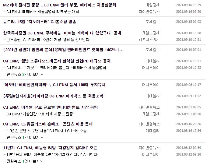 CJENM 뉴스, 공시