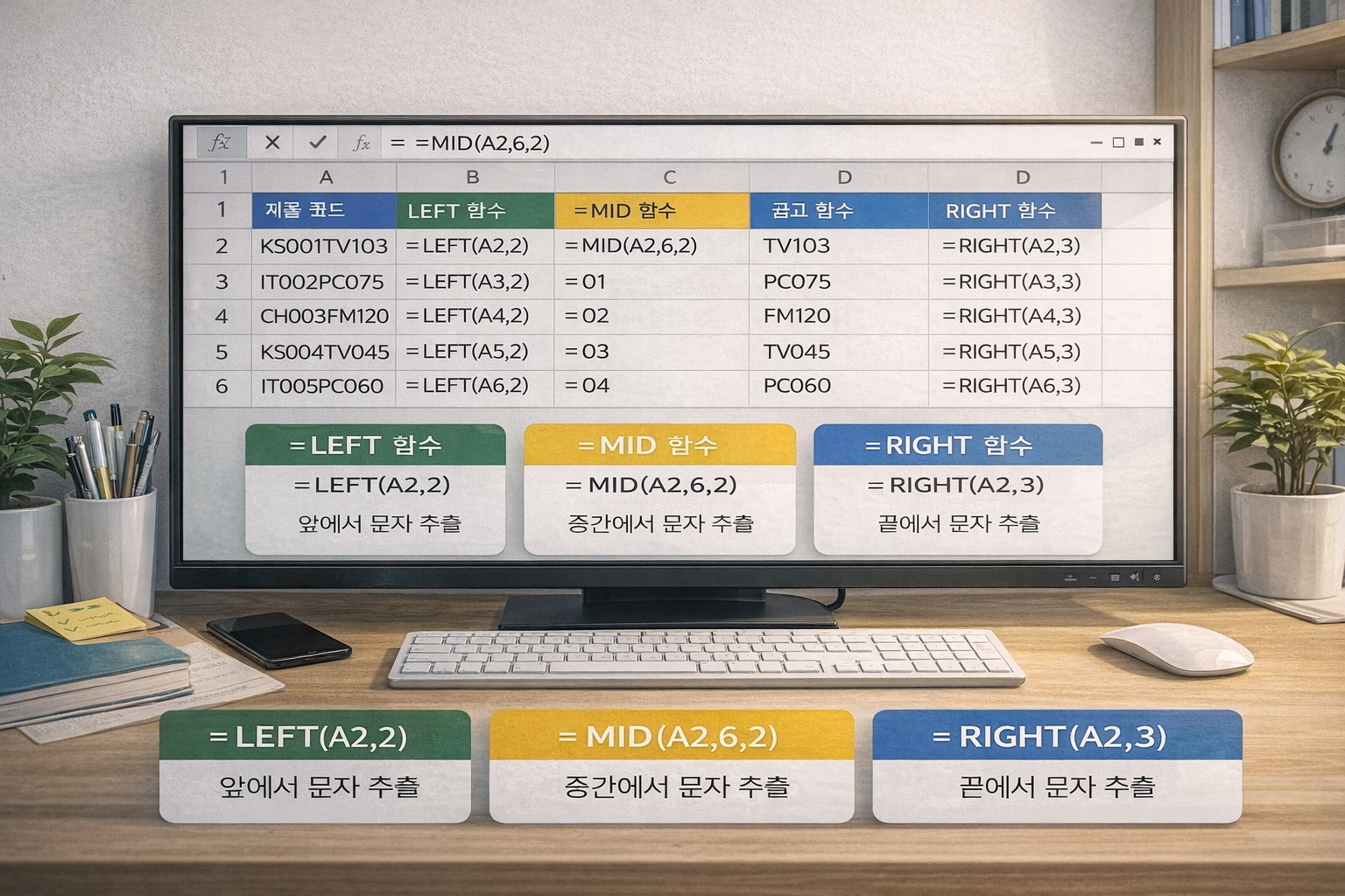 LEFT RIGHT MID 함수 단축키 활용 분석 관련 사진