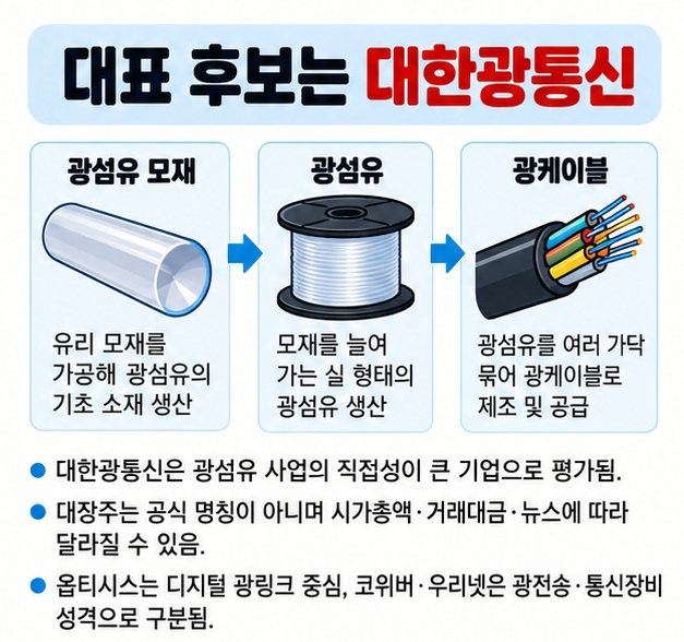 대한광통신 옵티시스 코위버 우리넷을 광섬유 제조와 광통신 장비 사업으로 구분해 보여주는 카드