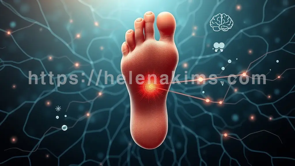 발 주변으로는 자율신경계를 상징하는 복잡한 신경망 패턴이 은은하게 퍼져나가고, 그 중 일부 신경이 과활성화되어 땀방울이 과도하게 분비되는 모습을 섬세한 빛의 흐름으로 표현한 이미지.