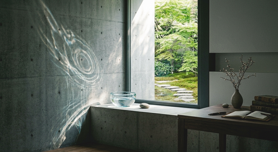 물을 담은 작은 유리 그릇이 햇볕에 반사되어 일렁이는 인테리어 이미지