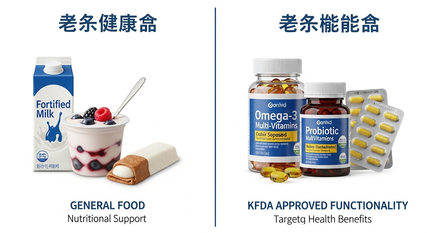시니어 건강식품(영양 우유, 발효유)과 시니어 건강기능식품(오메가-3, 비타민)의 차이를 명확히 비교하는 일러스트.