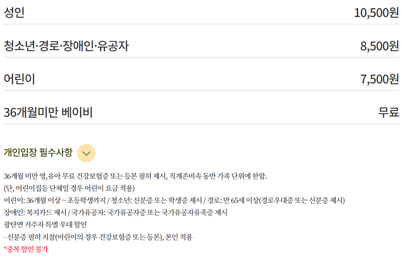 벽초지 수목원 입장료