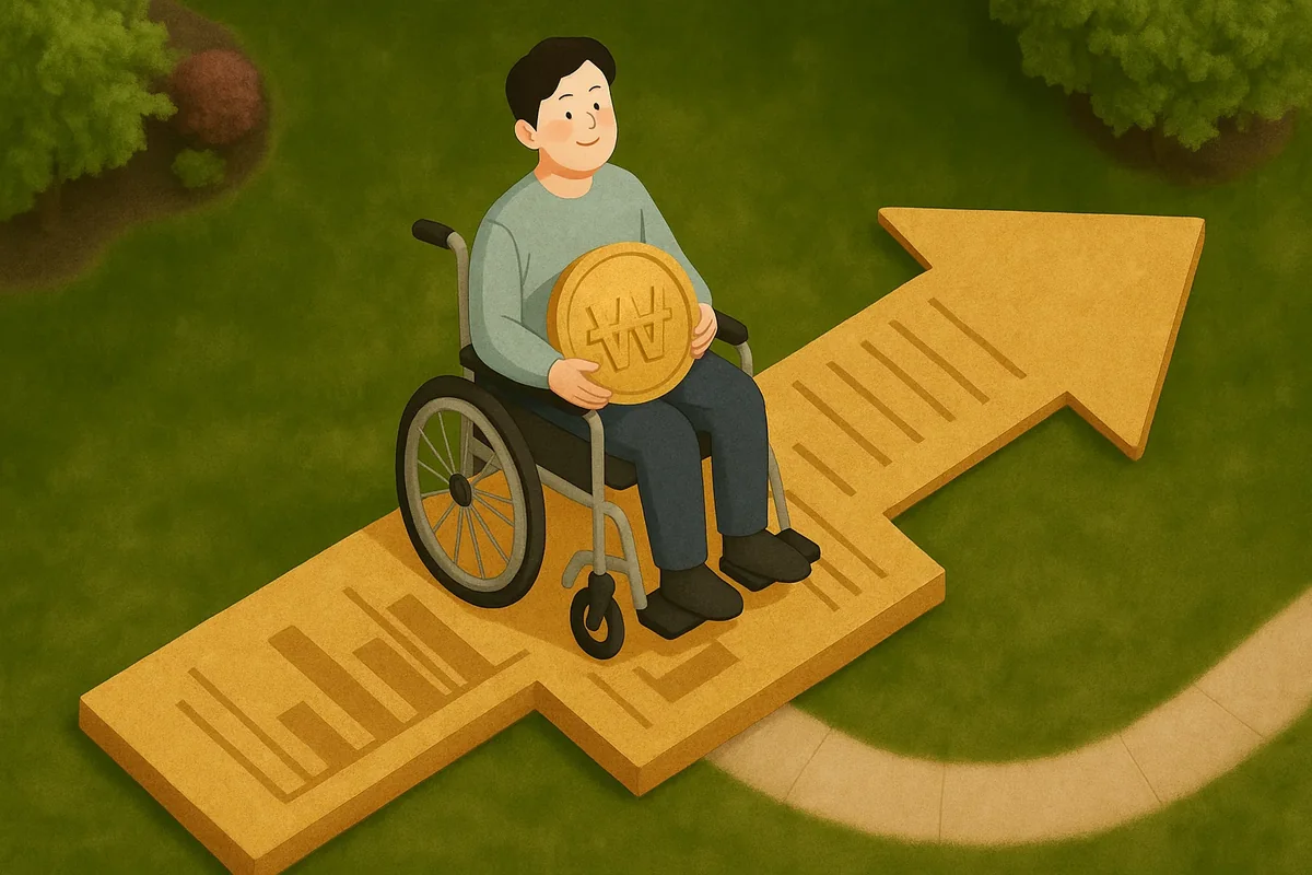 휠체어 탄 남성이 성장 화살표 위에서 원화 동전 들고 있는 모습