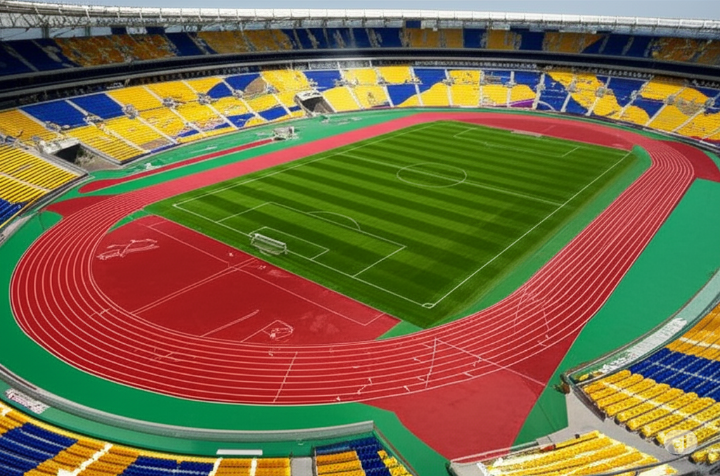 2025 전국체전 육상 경기 개최지인 부산아시아드주경기장의 웅장한 전경. 트랙과 필드가 선명하게 보이며, 관중석이 깔끔하게 정돈된 모습.