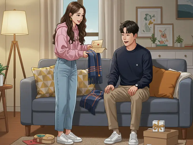 손 편지와 목도리로 연인이 서로에게 감동을 전하는 따뜻한 순간을 코믹북 스타일로 담은 일러스트