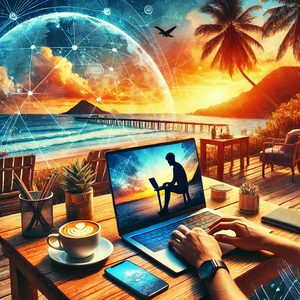 디지털 노마드가 해변 카페에서 노트북으로 원격 근무하는 모습