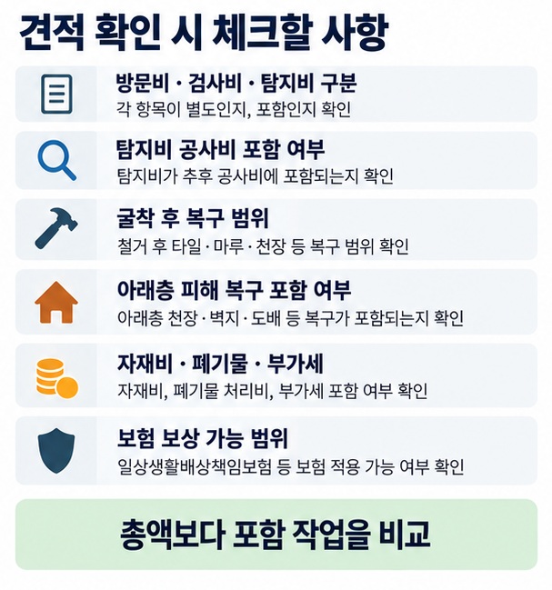 누수 견적에서 방문비 탐지비 공사비 복구비 부가세 보험 보상 가능 여부를 확인하는 체크리스트 이미지
