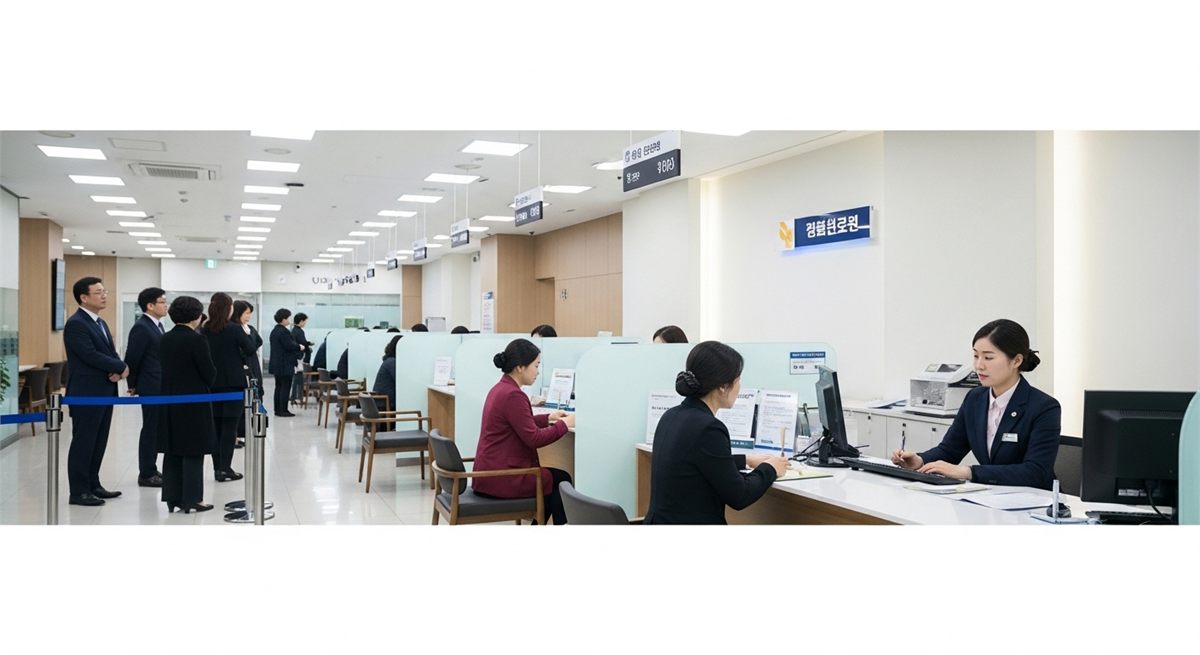 은행 창구에서 오프라인 신청 상담을 받는 생활 장면