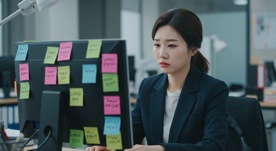 집중하지 못하고 산만한 직장인 여성의 일상 모습