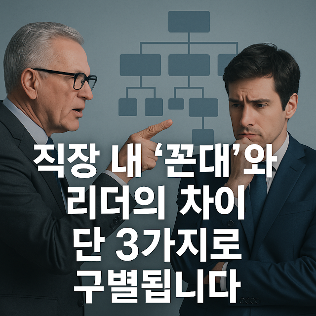 직장에서 나이 많은 남성이 손가락질하며 지시하는 모습과 젊은 남성이 고민하는 표정으로 대비된 장면, '직장 내 꼰대와 리더의 차이 단 3가지로 구별됩니다'라는 문구가 삽입된 이미지