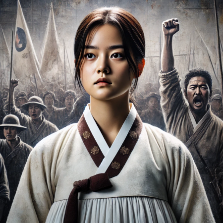 전통적인 흰색 한복을 입은 젊은 한국 여성의 결연한 표정. 배경에는 희미하게 보이는 역사적인 시위 장면이 있으며, 사람들이 깃발을 들고 손을 들어 올리고 있다.