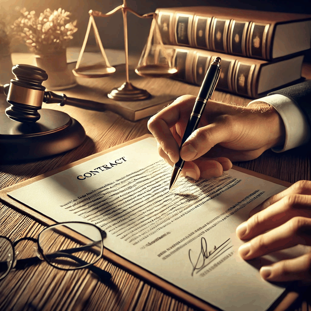 법률 계약서에 서명하는 손과 이를 가리키는 손, 주변에 법률 서적과 판사가 사용하는 망치가 놓인 장면